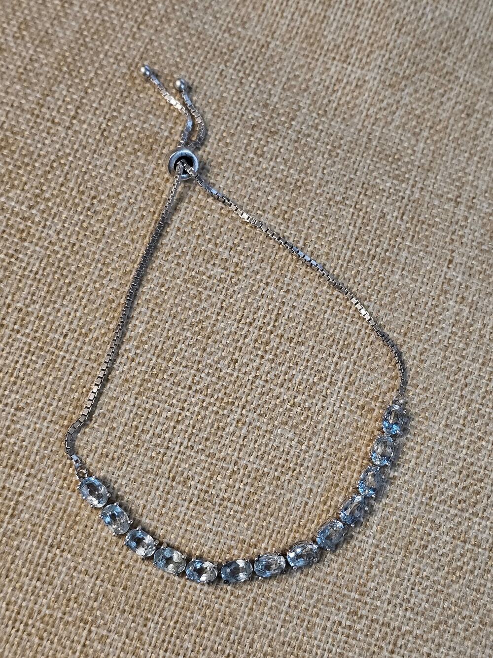 Sterling Silver Aquamarine Light Blue Topaz Box Chain Bolo Adjustable Bracelet